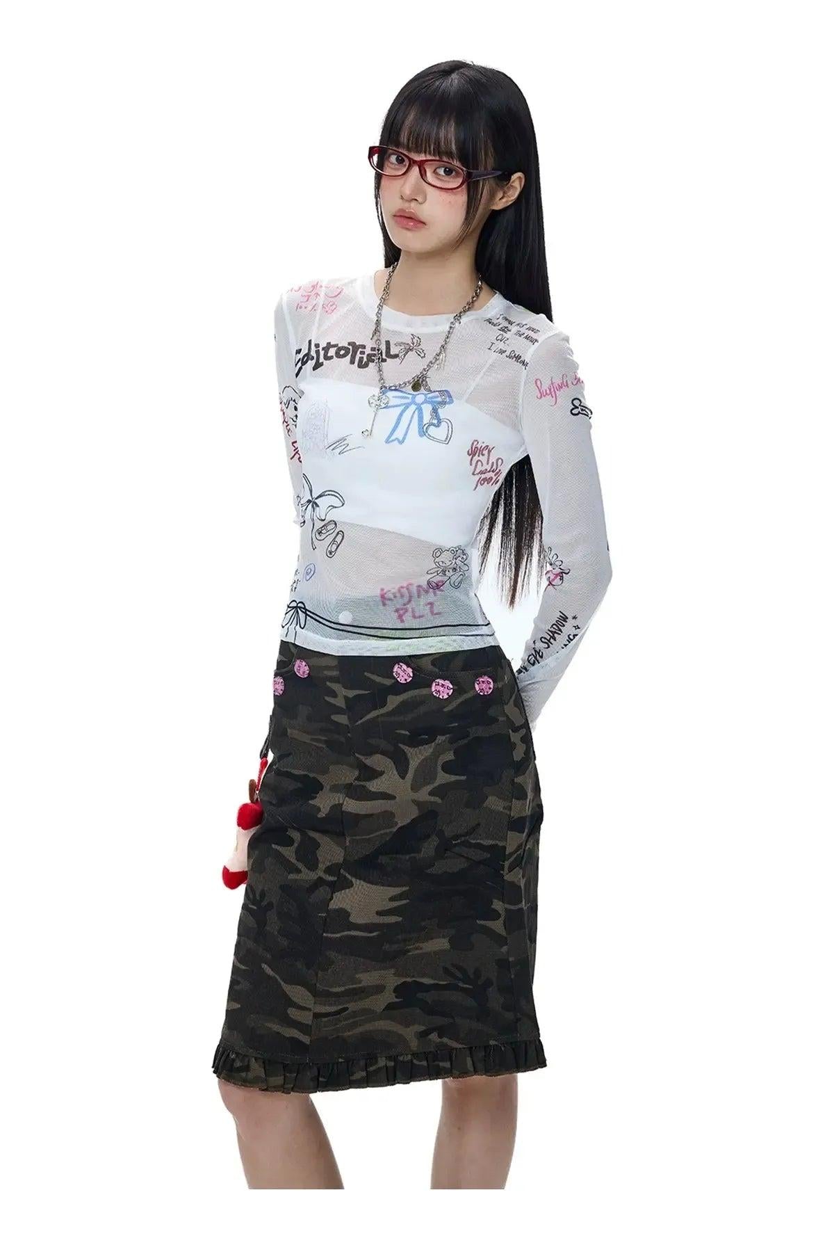 Tom Scribble Mesh Long Sleeve T-Shirt-korean-fashion-T-Shirt-Tom's Closet-OH Garments