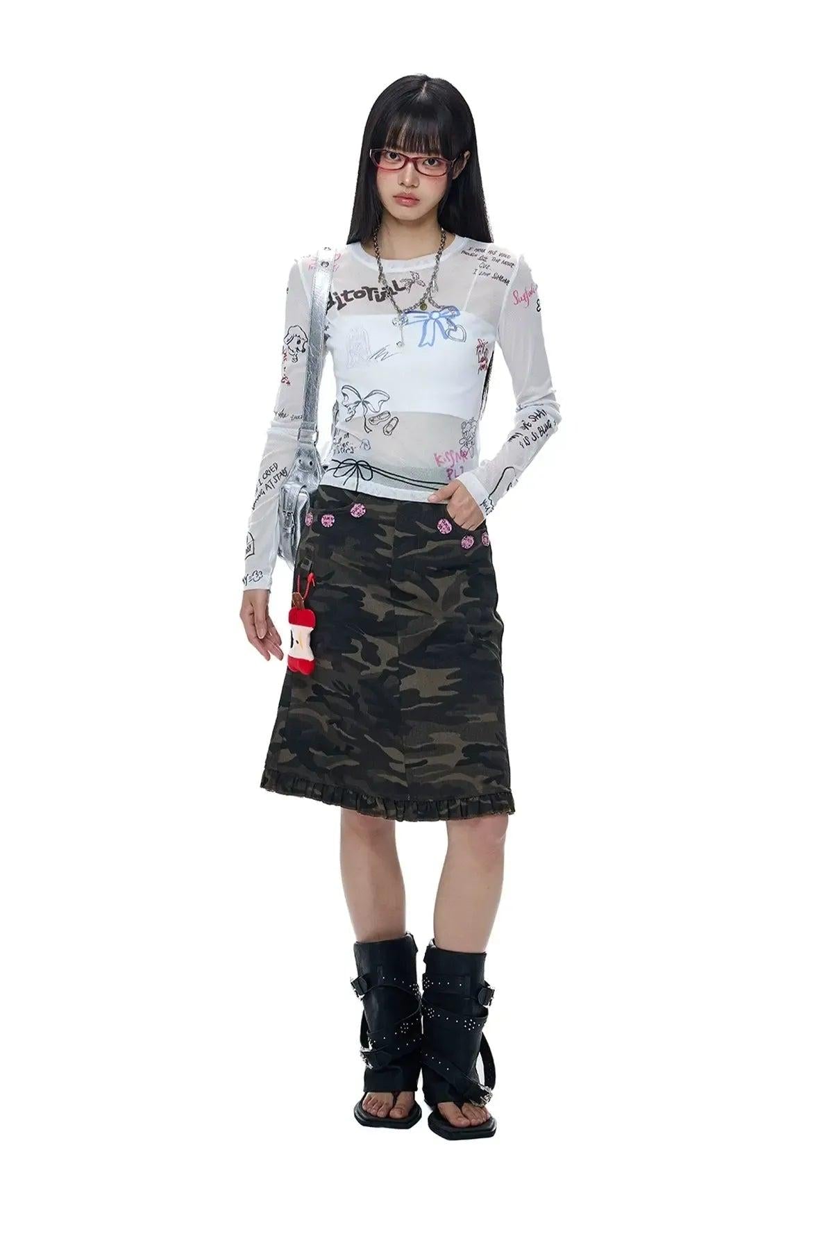 Tom Scribble Mesh Long Sleeve T-Shirt-korean-fashion-T-Shirt-Tom's Closet-OH Garments