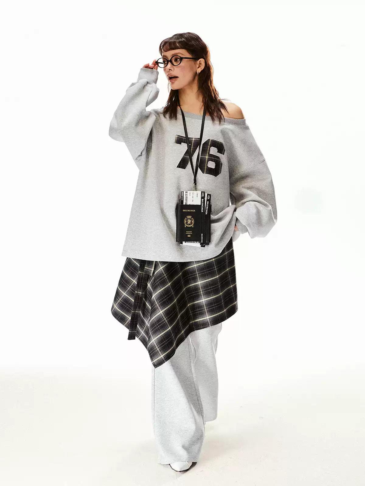 Tom Slant Shoulder Crewneck & Loose Sweatpants with Waist Skirt Set-korean-fashion-Clothing Set-Tom's Closet-OH Garments