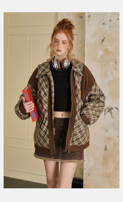 Tom Spliced Plaid Corduroy Puffer Jacket-korean-fashion-Jacket-Tom's Closet-OH Garments