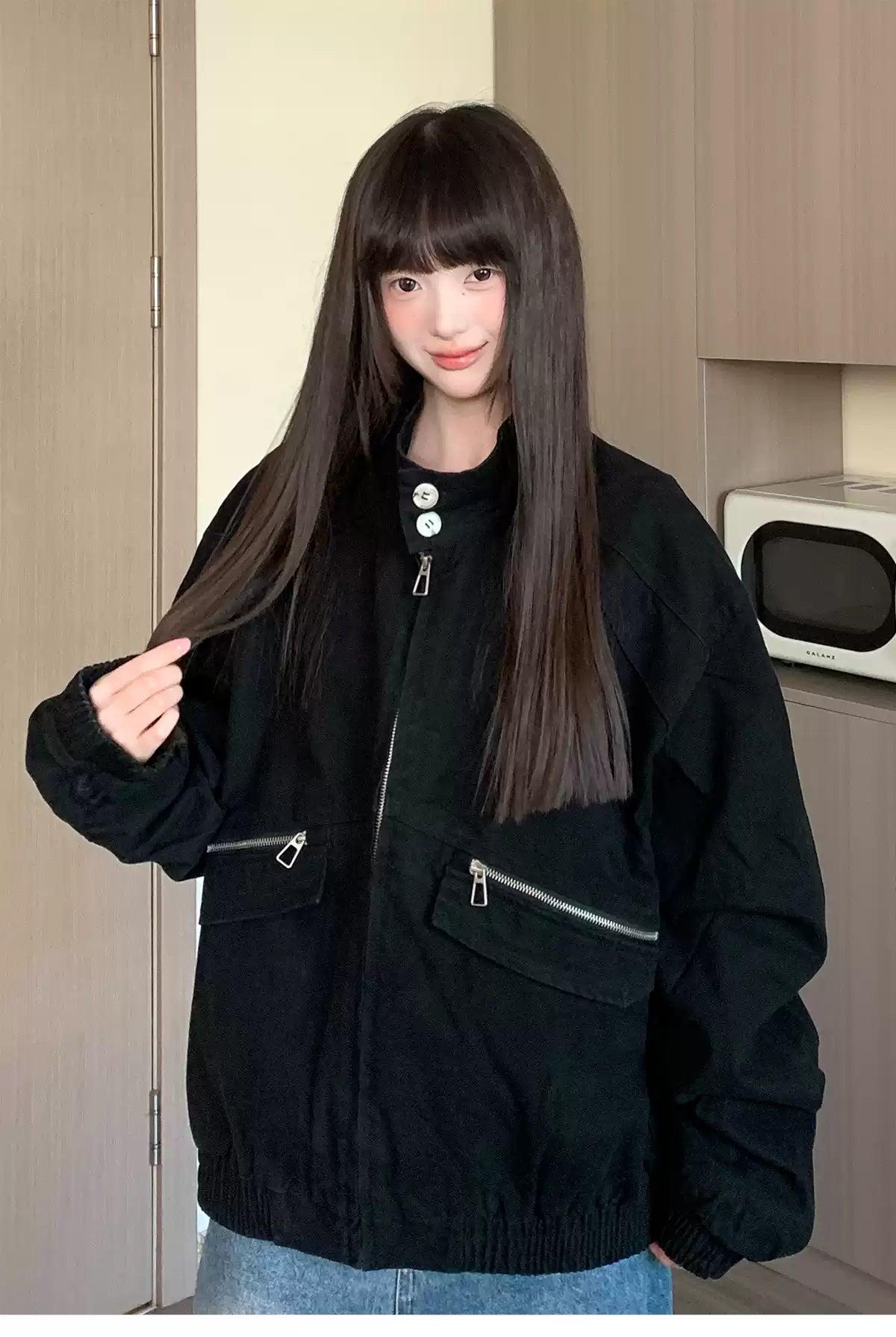 Tom Stand Collar Ruched Hem Denim Jacket-korean-fashion-Jacket-Tom's Closet-OH Garments