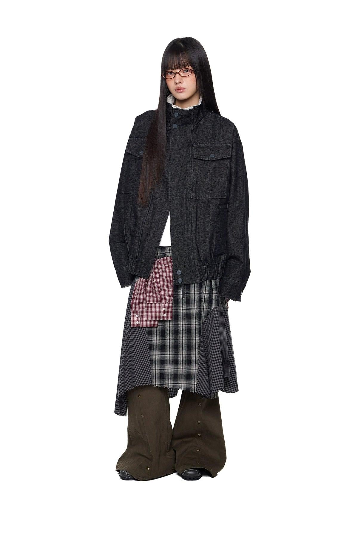 Tom Stand Collar Ruched Hem Denim Jacket-korean-fashion-Jacket-Tom's Closet-OH Garments