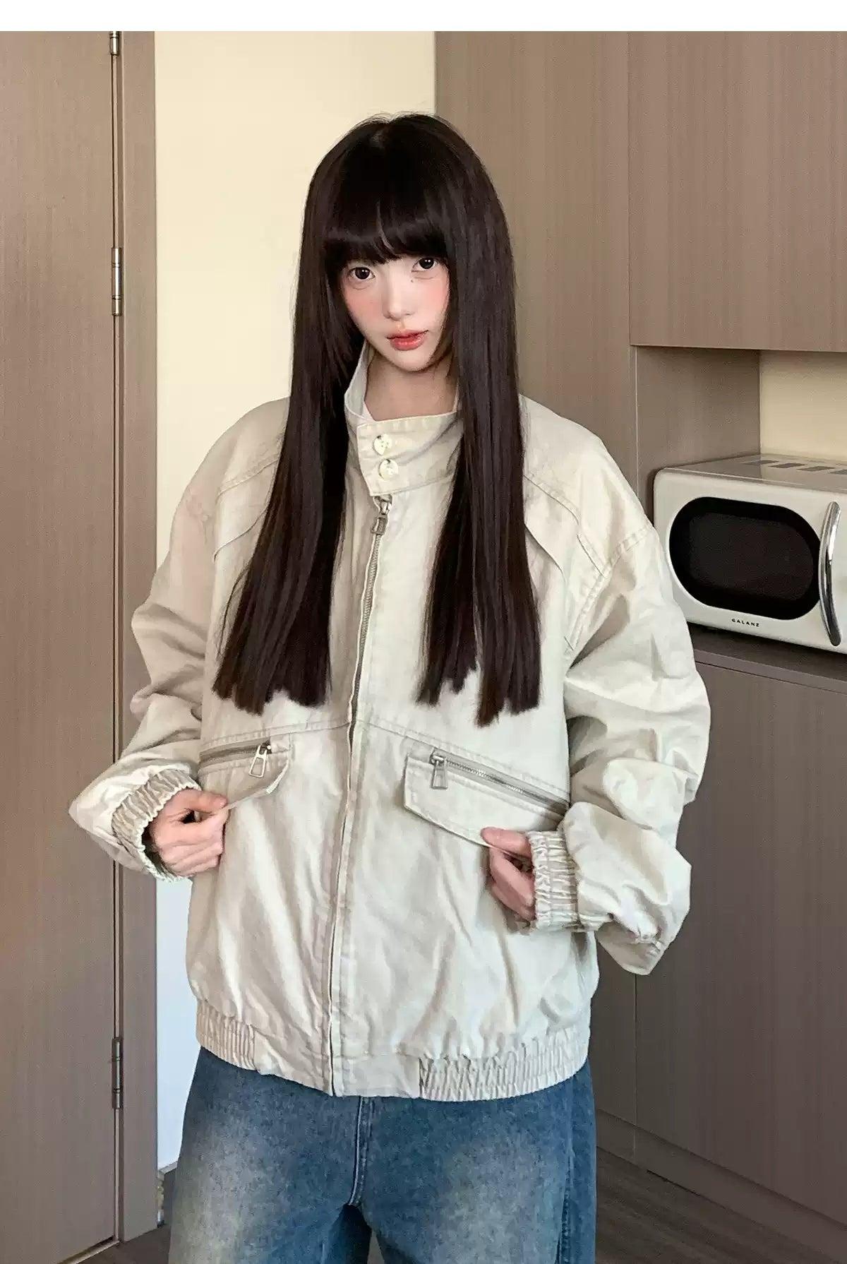 Tom Stand Collar Ruched Hem Denim Jacket-korean-fashion-Jacket-Tom's Closet-OH Garments