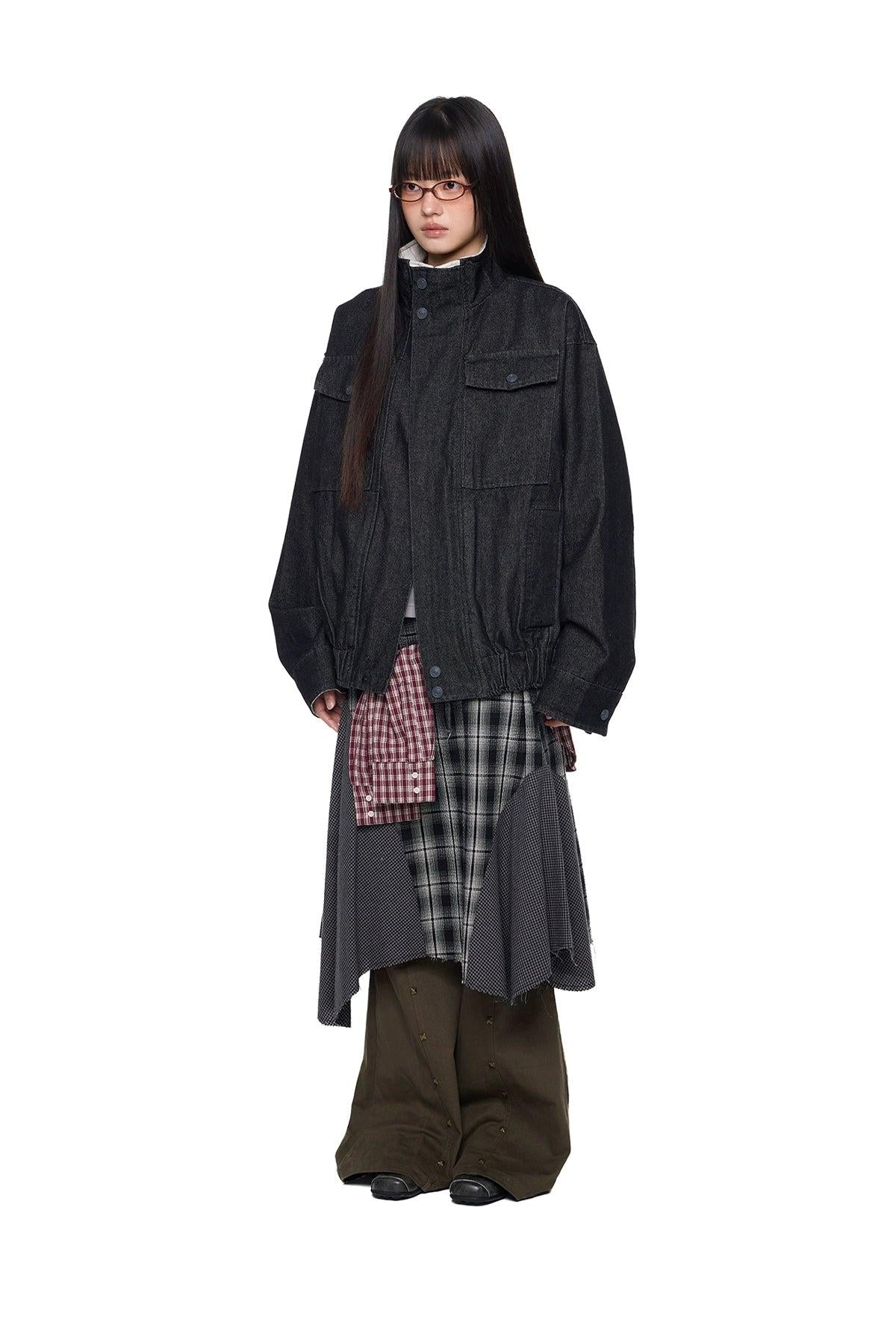 Tom Stand Collar Ruched Hem Denim Jacket-korean-fashion-Jacket-Tom's Closet-OH Garments