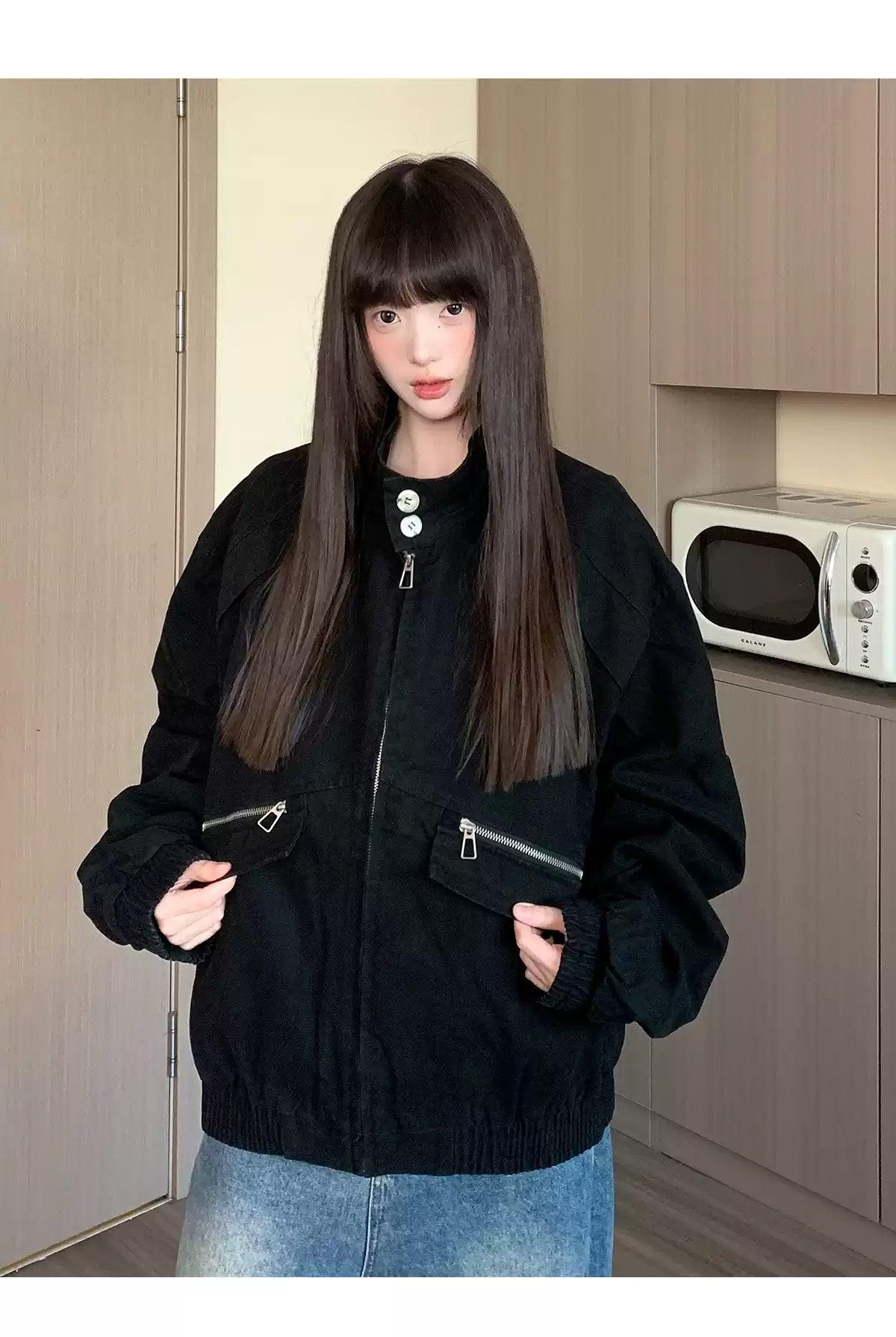 Tom Stand Collar Ruched Hem Denim Jacket-korean-fashion-Jacket-Tom's Closet-OH Garments