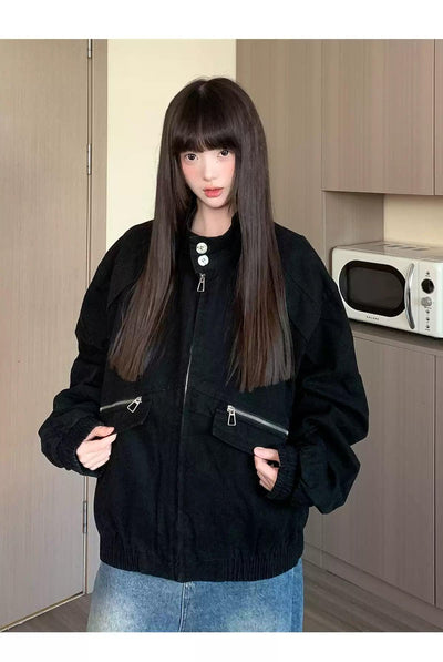 Tom Stand Collar Ruched Hem Denim Jacket-korean-fashion-Jacket-Tom's Closet-OH Garments
