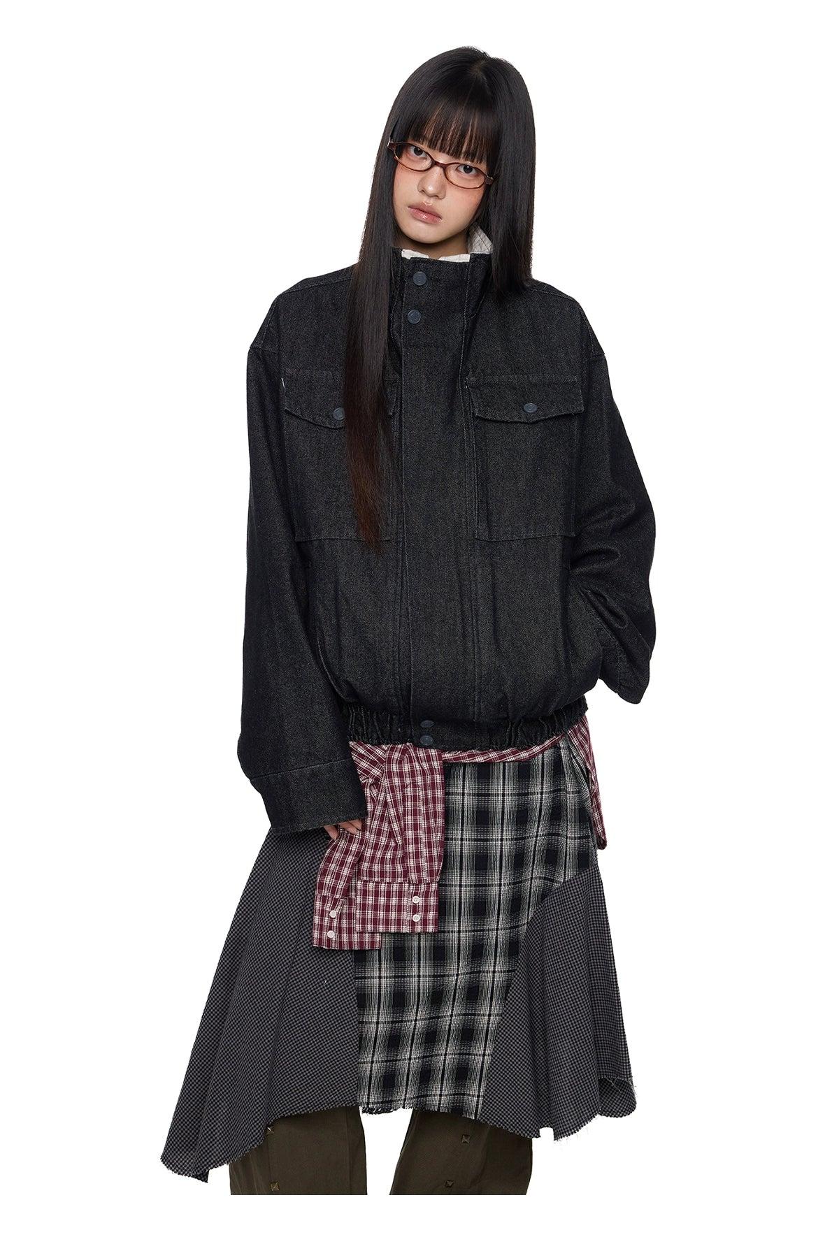 Tom Stand Collar Ruched Hem Denim Jacket-korean-fashion-Jacket-Tom's Closet-OH Garments