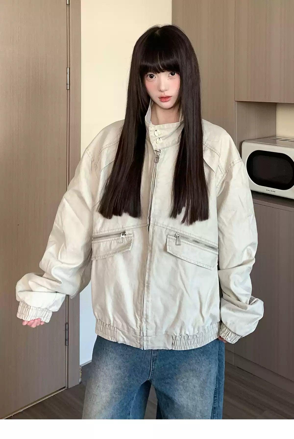 Tom Stand Collar Ruched Hem Denim Jacket-korean-fashion-Jacket-Tom's Closet-OH Garments