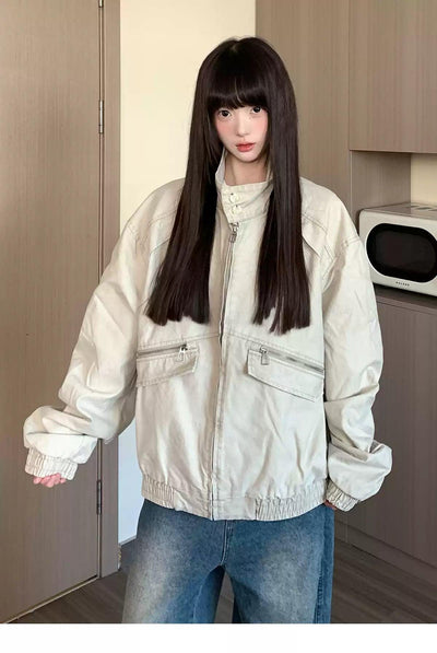 Tom Stand Collar Ruched Hem Denim Jacket-korean-fashion-Jacket-Tom's Closet-OH Garments