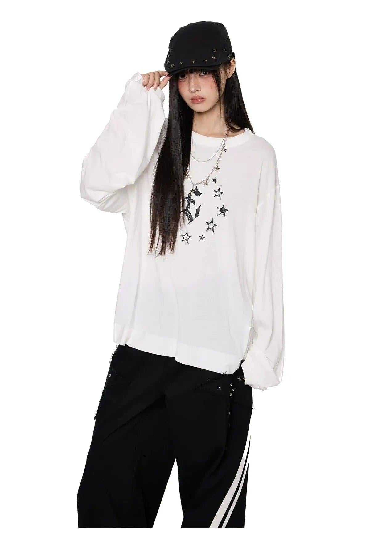 Tom Star Graphic Long Sleeve T-Shirt-korean-fashion-T-Shirt-Tom's Closet-OH Garments