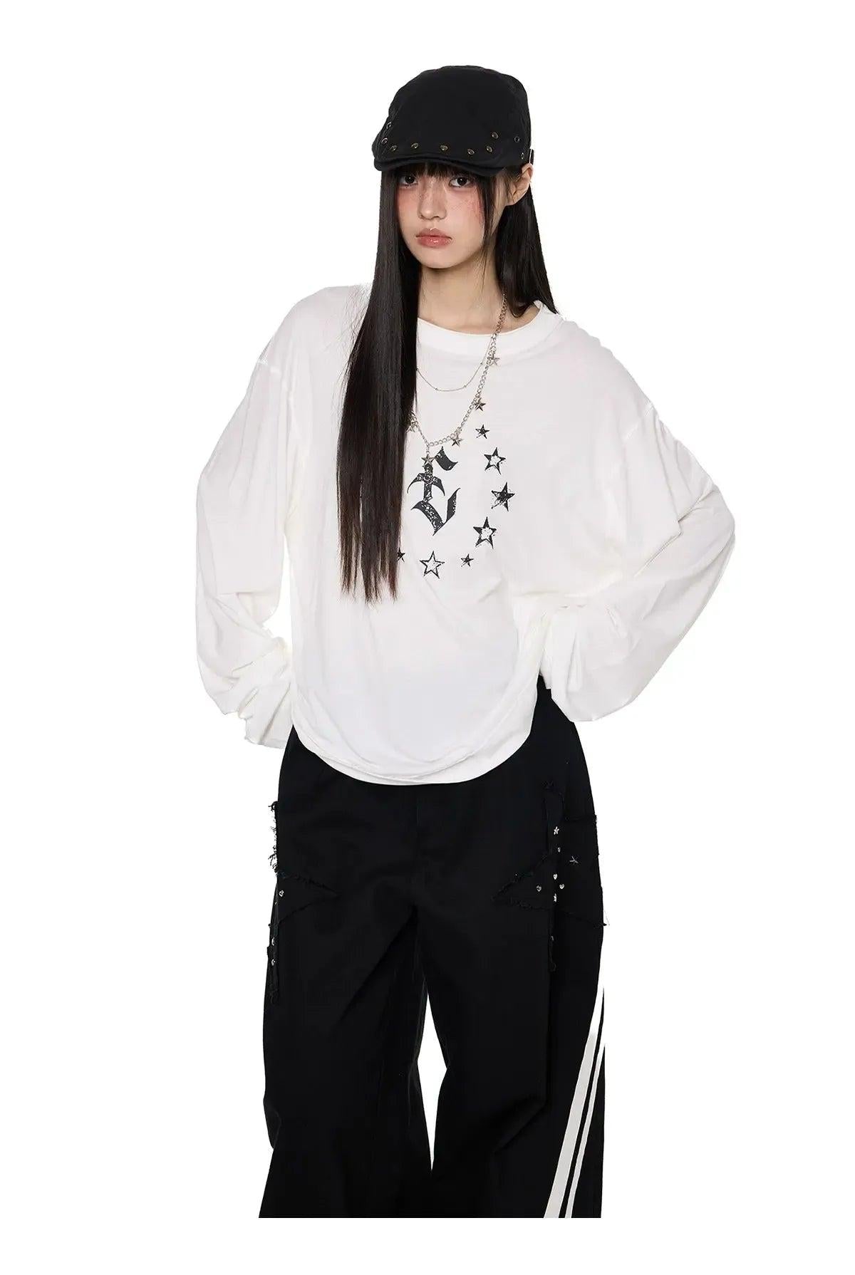 Tom Star Graphic Long Sleeve T-Shirt-korean-fashion-T-Shirt-Tom's Closet-OH Garments