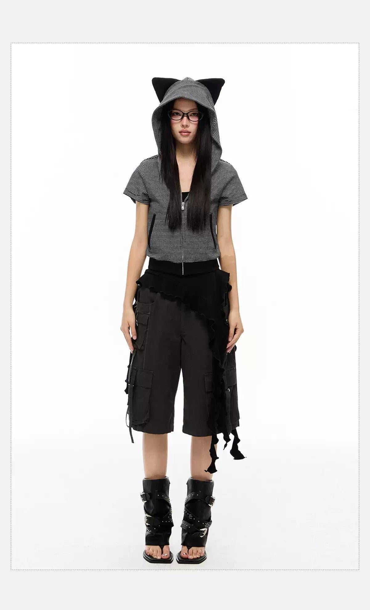 Tom Striped Cat-Ear Zipped Hoodie-korean-fashion-T-Shirt-Tom's Closet-OH Garments