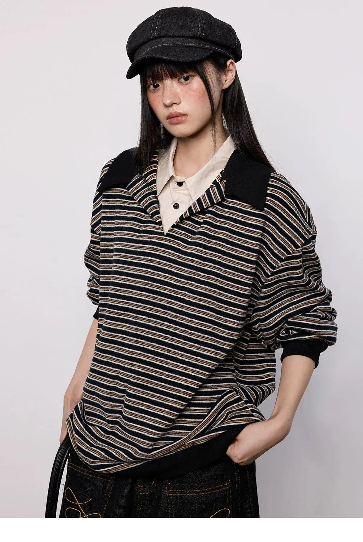 Tom Striped Layered V-Neck Polo-korean-fashion-Skirt-Tom's Closet-OH Garments
