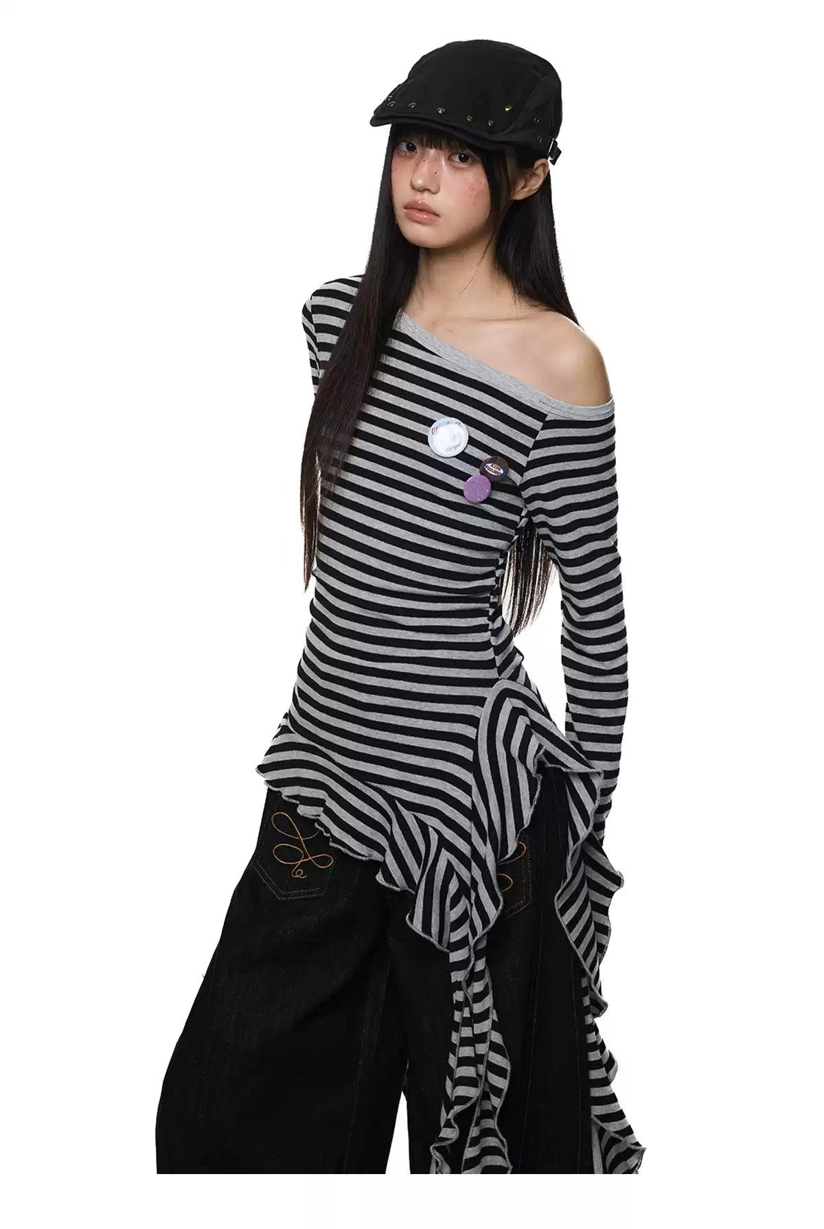 Tom Tassel Ribbon Striped Long Sleeve T-Shirt-korean-fashion-T-Shirt-Tom's Closet-OH Garments