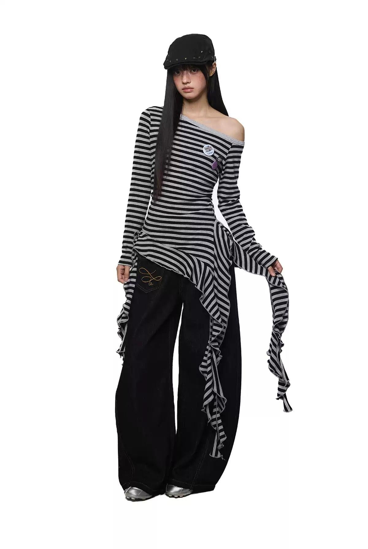 Tom Tassel Ribbon Striped Long Sleeve T-Shirt-korean-fashion-T-Shirt-Tom's Closet-OH Garments