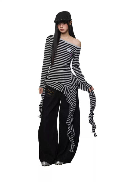 Tom Tassel Ribbon Striped Long Sleeve T-Shirt-korean-fashion-T-Shirt-Tom's Closet-OH Garments