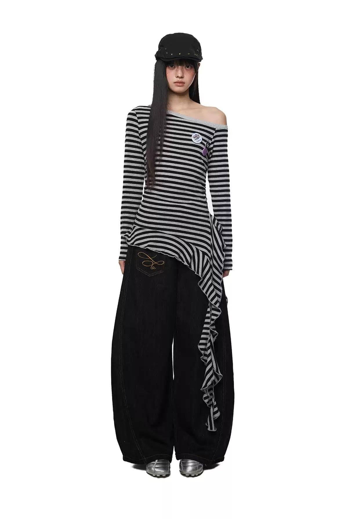 Tom Tassel Ribbon Striped Long Sleeve T-Shirt-korean-fashion-T-Shirt-Tom's Closet-OH Garments