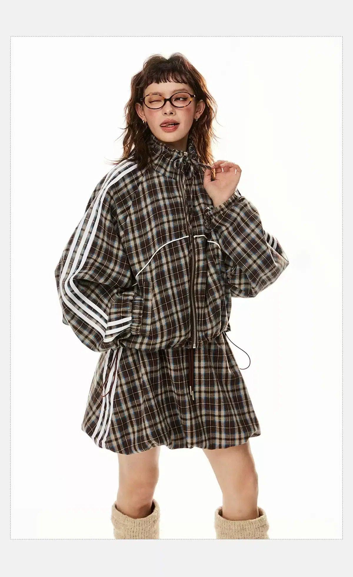 Tom Three-Bar Plaid Jacket & Drawcord Skirt Set-korean-fashion-Clothing Set-Tom's Closet-OH Garments