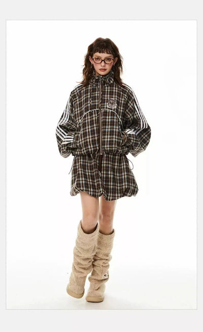 Tom Three-Bar Plaid Jacket & Drawcord Skirt Set-korean-fashion-Clothing Set-Tom's Closet-OH Garments