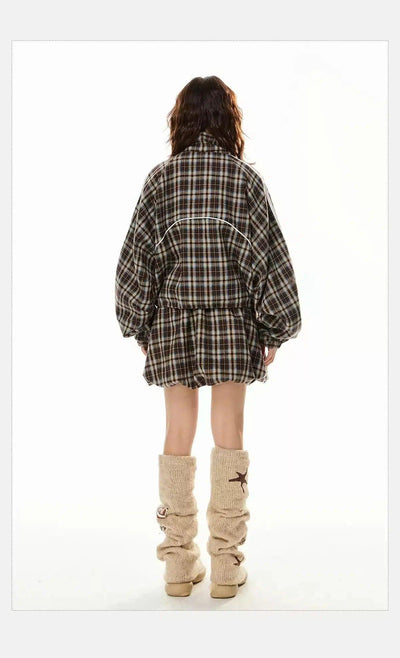 Tom Three-Bar Plaid Jacket & Drawcord Skirt Set-korean-fashion-Clothing Set-Tom's Closet-OH Garments