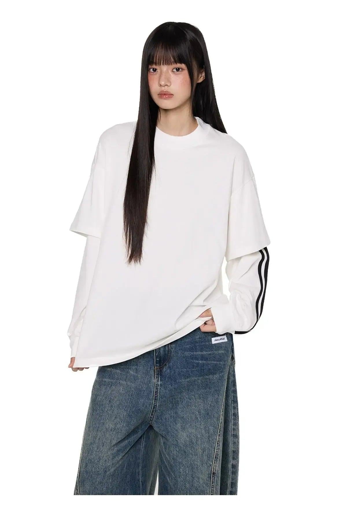 Tom Two-Piece Striped Long Sleeve T-Shirt-korean-fashion-T-Shirt-Tom's Closet-OH Garments