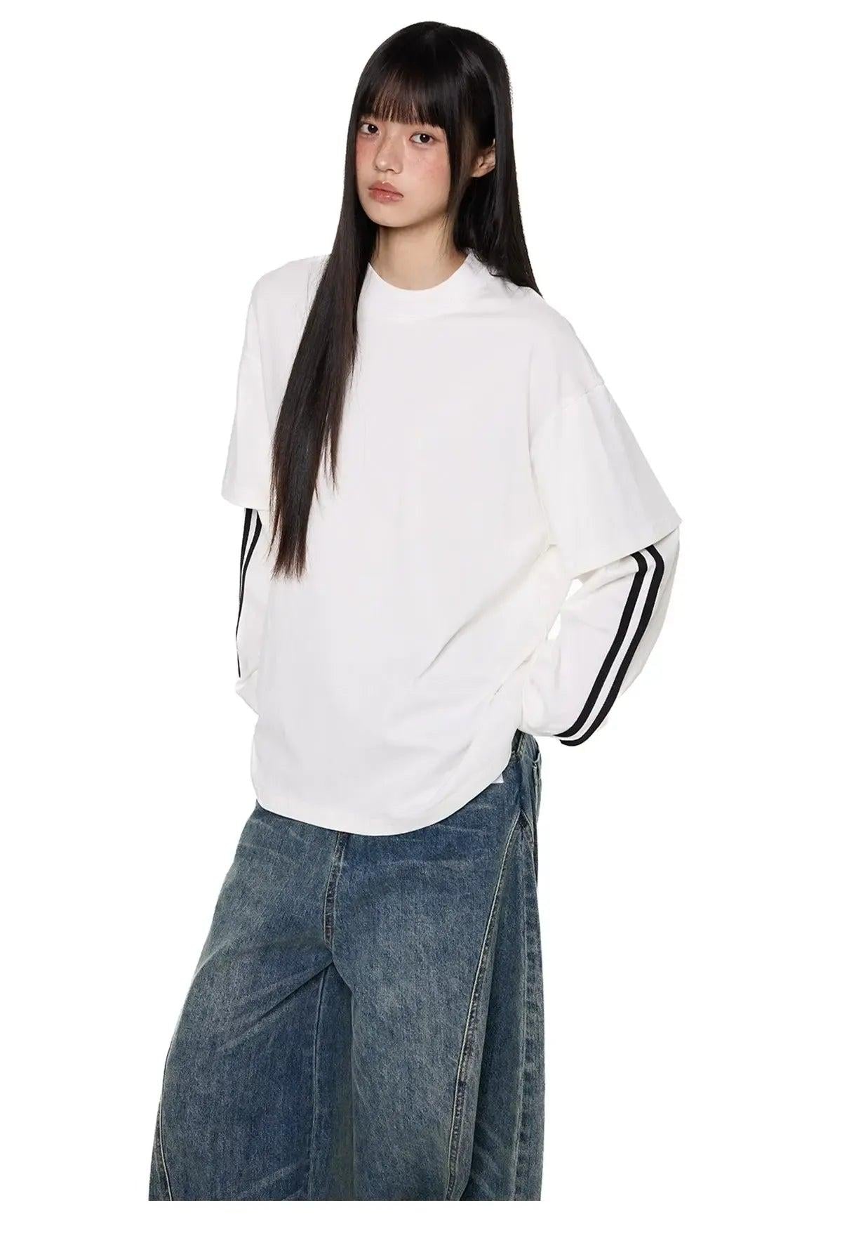 Tom Two-Piece Striped Long Sleeve T-Shirt-korean-fashion-T-Shirt-Tom's Closet-OH Garments