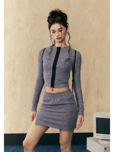 Tom Vertical Stripes Knit Jacket & Slit Skirt Set-korean-fashion-Clothing Set-Tom's Closet-OH Garments