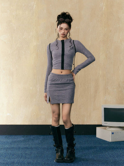 Tom Vertical Stripes Knit Jacket & Slit Skirt Set-korean-fashion-Clothing Set-Tom's Closet-OH Garments