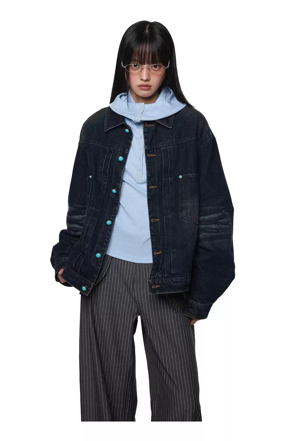 Tom Washed Contrast Buttoned Denim Jacket-korean-fashion-Jacket-Tom's Closet-OH Garments