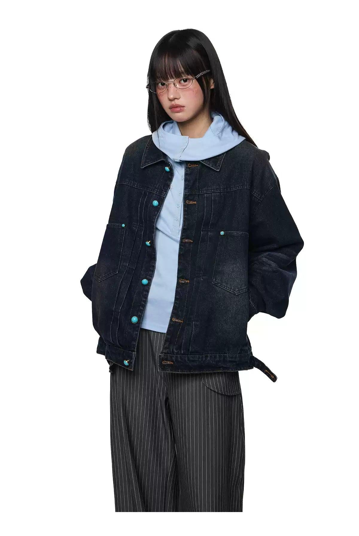 Tom Washed Contrast Buttoned Denim Jacket-korean-fashion-Jacket-Tom's Closet-OH Garments