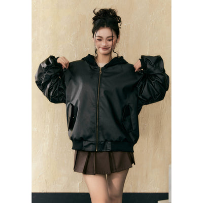 Tom Zip Hooded PU Leather Bomber Jacket-korean-fashion-Jacket-Tom's Closet-OH Garments