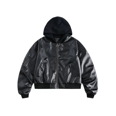 Tom Zip Hooded PU Leather Bomber Jacket-korean-fashion-Jacket-Tom's Closet-OH Garments