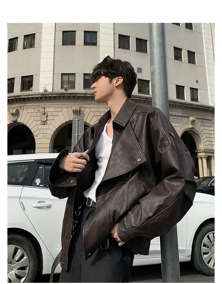 Woo Buckled Strap Snap Buttons PU Leather Jacket-korean-fashion-Jacket-Woo's Closet-OH Garments