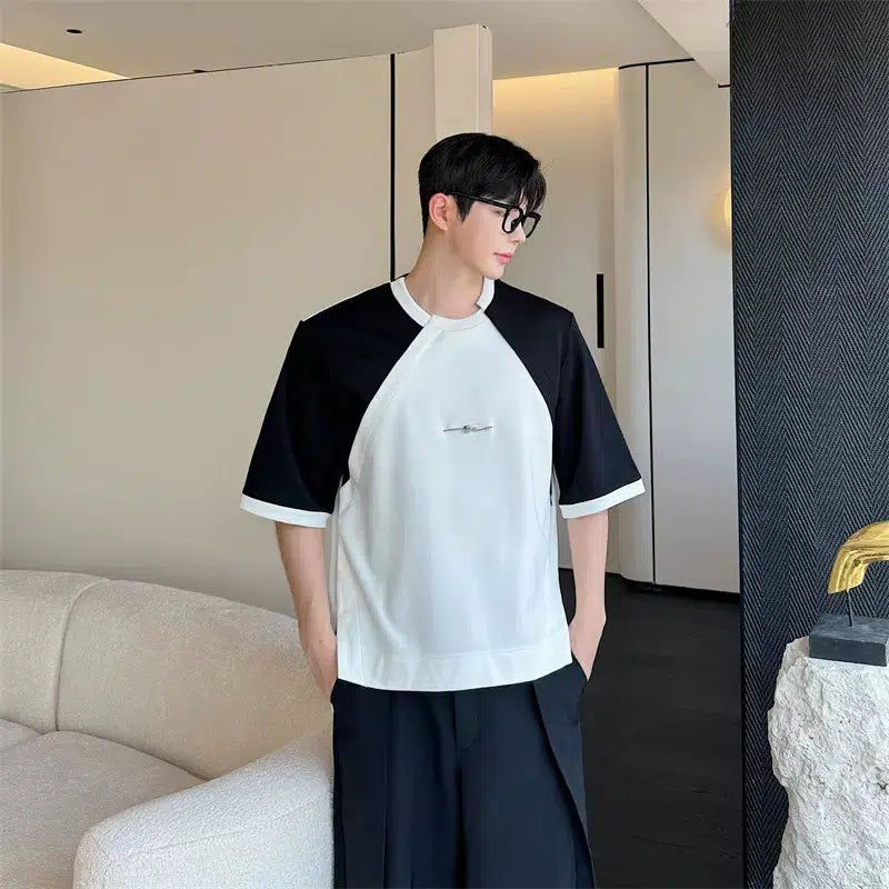 Woo B&W Stitched Contrast T-Shirt-korean-fashion-T-Shirt-Woo's Closet-OH Garments