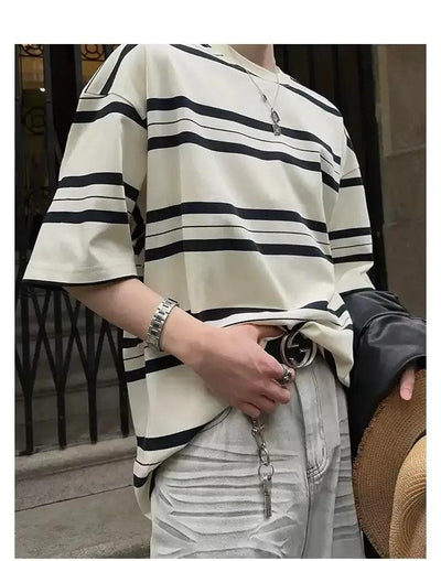 Woo B&W Wide Striped T-Shirt-korean-fashion-T-Shirt-Woo's Closet-OH Garments