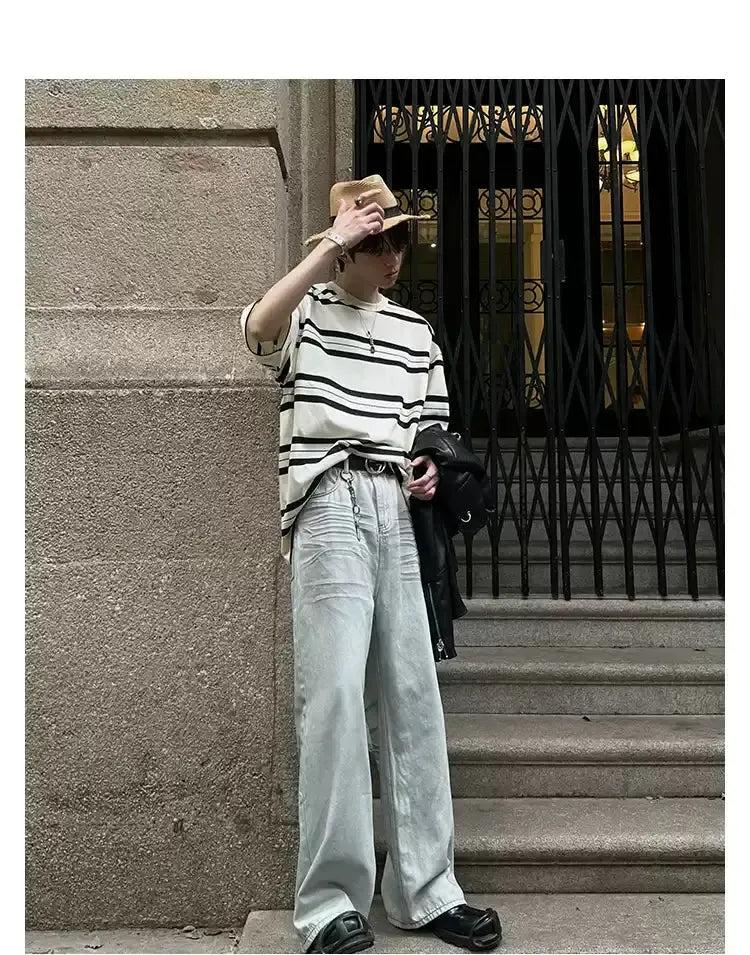 Woo B&W Wide Striped T-Shirt-korean-fashion-T-Shirt-Woo's Closet-OH Garments
