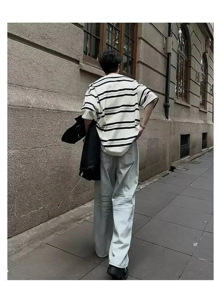 Woo B&W Wide Striped T-Shirt-korean-fashion-T-Shirt-Woo's Closet-OH Garments