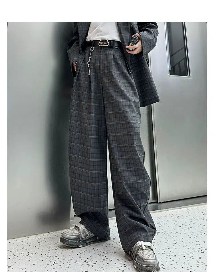 Woo Casual Plaid Blazer & Wide Leg Trousers Set-korean-fashion-Clothing Set-Woo's Closet-OH Garments