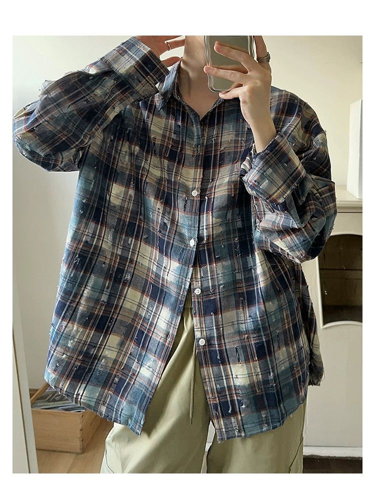 Woo Casual Plaid Ripped Shirt-korean-fashion-Shirt-Woo's Closet-OH Garments