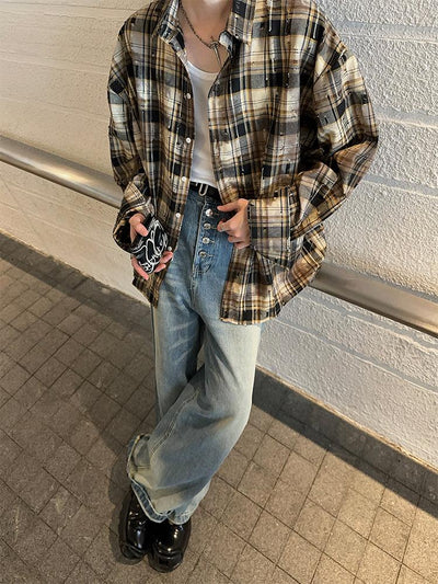 Woo Casual Plaid Ripped Shirt-korean-fashion-Shirt-Woo's Closet-OH Garments