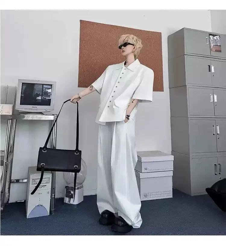 Woo Clean Fit Buttons Shirt & Fold Pleats Trousers Set-korean-fashion-Clothing Set-Woo's Closet-OH Garments