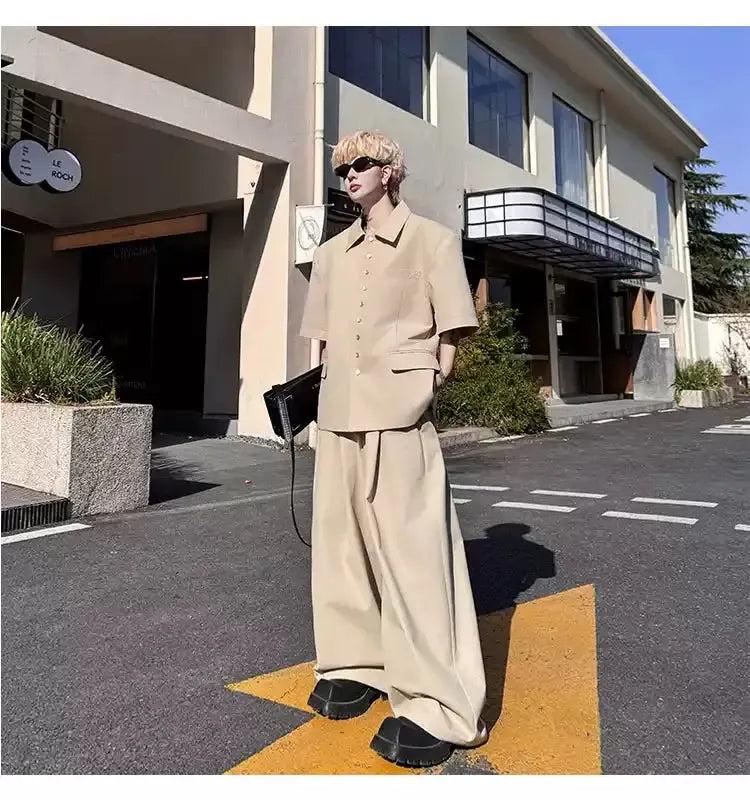 Woo Clean Fit Buttons Shirt & Fold Pleats Trousers Set-korean-fashion-Clothing Set-Woo's Closet-OH Garments