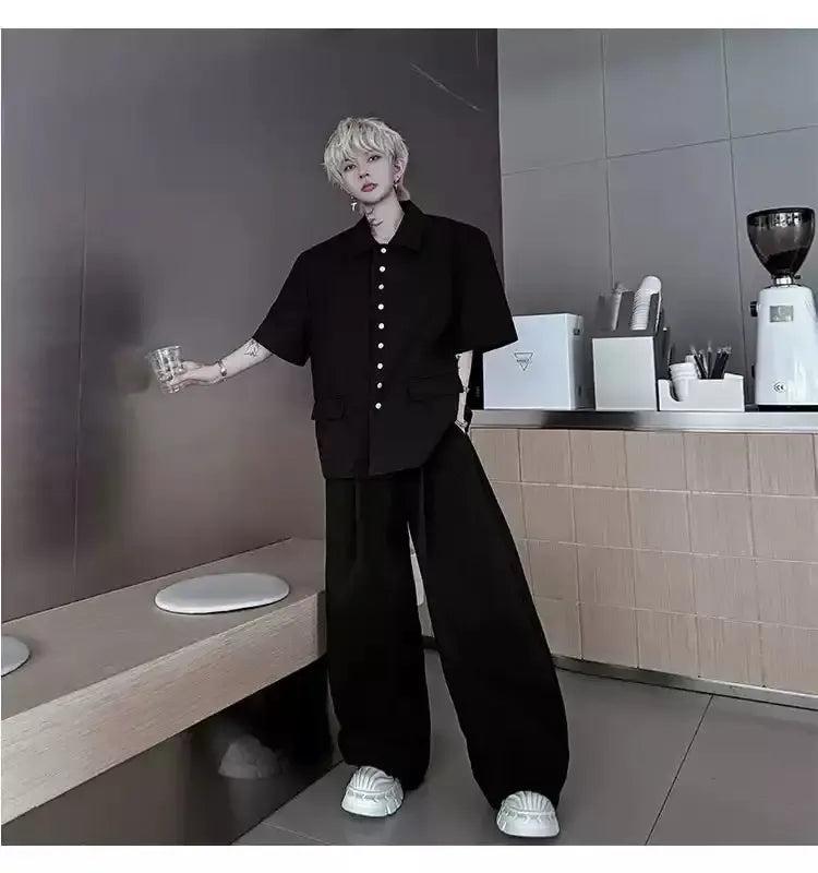 Woo Clean Fit Buttons Shirt & Fold Pleats Trousers Set-korean-fashion-Clothing Set-Woo's Closet-OH Garments