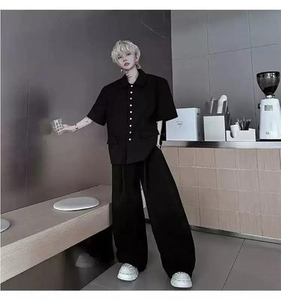 Woo Clean Fit Buttons Shirt & Fold Pleats Trousers Set-korean-fashion-Clothing Set-Woo's Closet-OH Garments