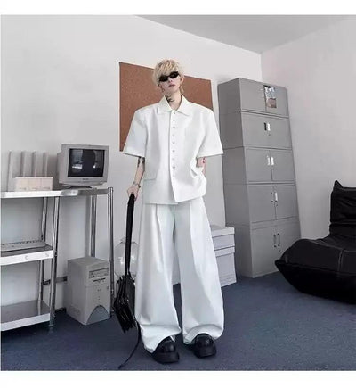 Woo Clean Fit Buttons Shirt & Fold Pleats Trousers Set-korean-fashion-Clothing Set-Woo's Closet-OH Garments