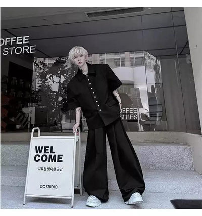 Woo Clean Fit Buttons Shirt & Fold Pleats Trousers Set-korean-fashion-Clothing Set-Woo's Closet-OH Garments