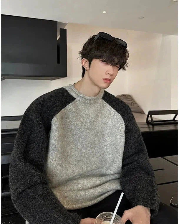 Woo Contrast Sleeves Wide Shoulders Sweater-korean-fashion-Sweater-Woo's Closet-OH Garments