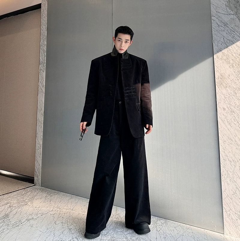 Woo Disc Buckle Spliced Corduroy Blazer & Wide Pants Set-korean-fashion-Clothing Set-Woo's Closet-OH Garments