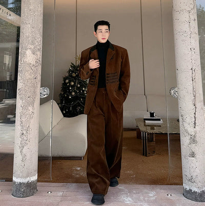 Woo Disc Buckle Spliced Corduroy Blazer & Wide Pants Set-korean-fashion-Clothing Set-Woo's Closet-OH Garments