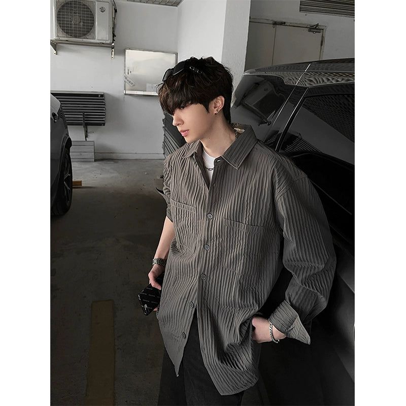 Woo Embossed Lines Buttoned Shirt-korean-fashion-Shirt-Woo's Closet-OH Garments
